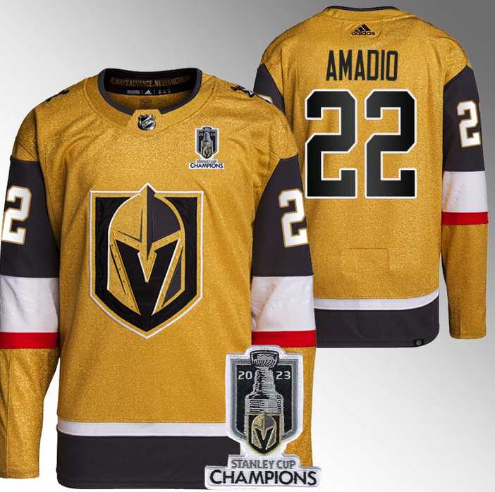 Men%27s Vegas Golden Knights #22 Michael Amadio Gold 2023 Stanley Cup Champions Stitched Jersey